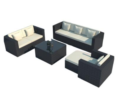 China Muebles de jardín de patio modernos de lujo Sofá exterior de ratán negro Set de mesa de café silla de acero de ratán Muebles de exterior en venta