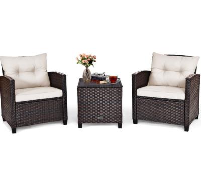 Chine 3pc Patio Wicker Bistro Conversation Patio Balcon piscine 2 fauteuils rembourrés Table en verre canapé en rotin extérieur à vendre