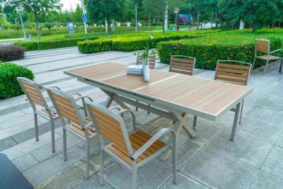 China 7 Pieces New Design Cheap American Style Cafe Restaurant Plastic Wooden Dining Table And Chairs Ferniture Set for sale