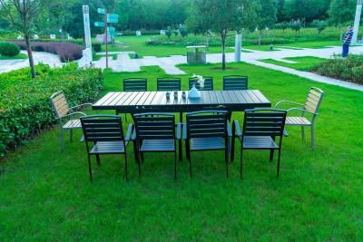 China Black 11 Pieces Plastic Wood Modern Outdoor Garden Furniture Table Set 8-10 Seater Extendable Patio Dining Table Chairs for sale