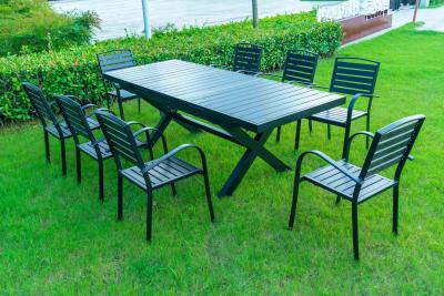 China 9 Pieces Black Plastic Wood Modern Outdoor Garden Furniture Table Set 8-10 Seater Extendable Patio Dining Table Chairs zu verkaufen