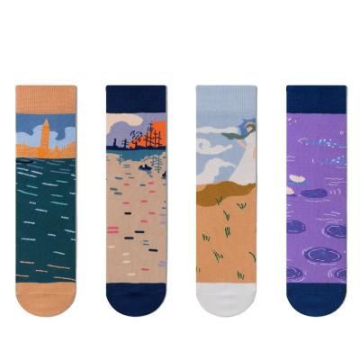 China Socksmate QUICK DRY Colorful Literature Illustration Women Crew Men and Landscape Custom Tube Art Drawing Fashion Socks for sale