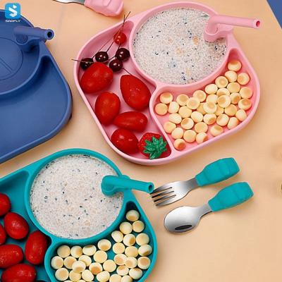 China Food Grade Modern High Quality Non-Toxic Baby Suction Bowl Baby Dish Bowl with Spoon Set Dish Suction Silicone Baby Bowl for sale