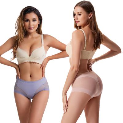 China Breathable Mid Rise Women Plus Size Ice Silk Underwear Body Training Soft Brief With Mesh Sexy Transparent Breathable Underwear for sale