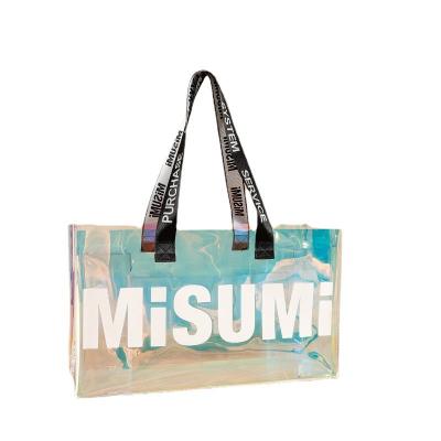 China Eco-friendly Custom holographic clear glossy pvc plastic shopping storage transparent tote handle bag for sale