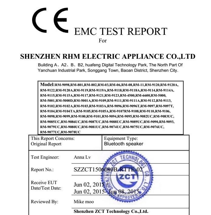 CE - Shenzhen RHM Electrical Appliance Company Limited