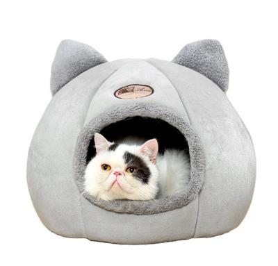 China Viable Short Fluff Beds For Cats And Kittens Partially Enclosed Cat Nest Sofa And Bed With Cat Ear Shape for sale