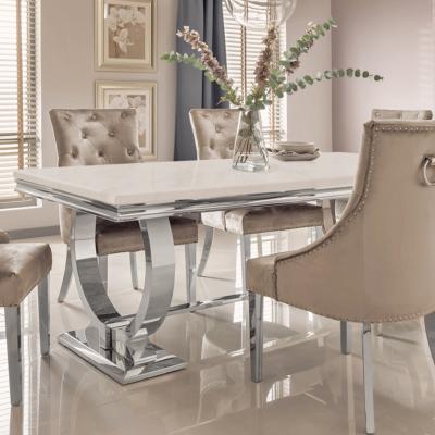 China Stable Modern Luxury Dining Table Designs Stainless Steel Leg Marble Top Rectangular Dining Table for sale