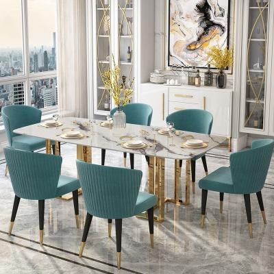 China Modern Luxury White Leather Velvet Stretch Dining Set With 6 Chairs Marble Glass Around Dining Table Sets for sale