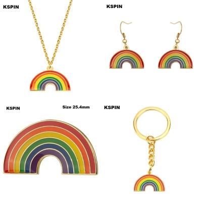 China LGBT FASHIONABLE Rainbow Pride Necklace Rainbow Key Ring Earrings Gay Badge Set Earrings Jewelry For Women Men Lover Gift for sale