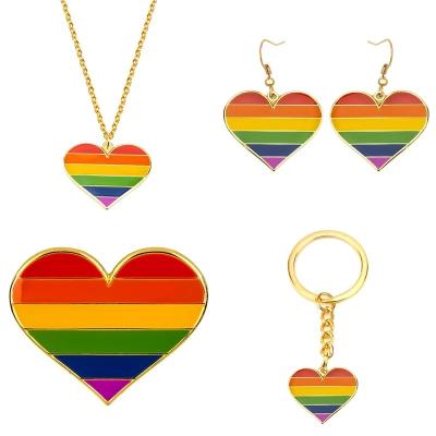 China TRENDY Heart Shape Earrings Pride Necklace Rainbow Key Ring Gay Rainbow LGBT Badge Set Earrings Jewelry For Women Men Lover Gift for sale