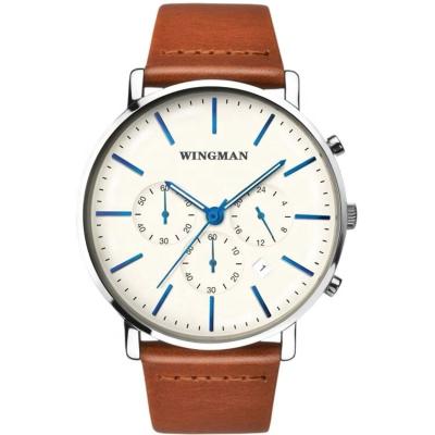 China Chronograph Day Date Chronograph Watch Men Stainless Steel Case With Leather Brand Quartz Bands Waterproof Luminous Wristwatch for sale