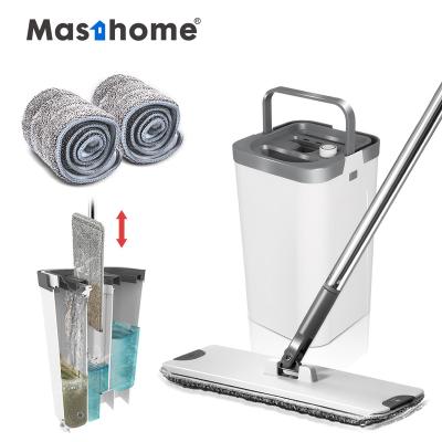 China Hot Selling Stocked Cleaning Washing Handle Stainless Steel Pole Masthome Detachable Magic Water Squeeze Broom Flat Mop With Cloth Two for sale