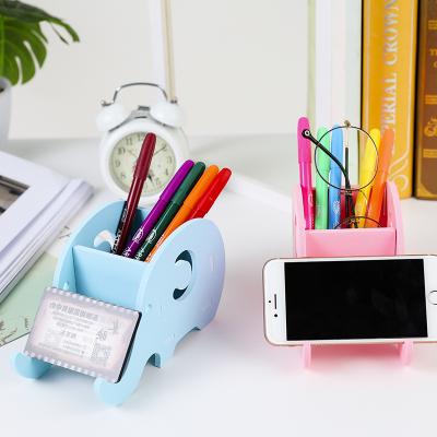 China Custom Cute Wood Desktop Phone Holders Storage Box Temperature Display Gifts Multifunctional Creative Eco Cartoon Elephant Desktop Pen Holder for sale