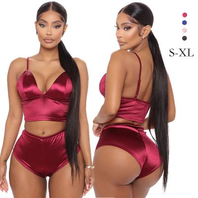 China QUICK DRY Hot Selling Ladies Lingerie Cheap Adults Pajamas Sleeveless Crop Top And Shorts Pajamas Set 2 Piece Silk Sleepwear Pajama Set for sale