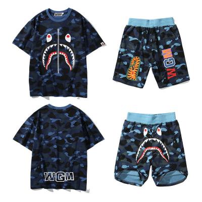 China 2022 Hot Sale Anti-wrinkle Cotton T-shirt High Quality Unisex Trend 100% Color Camouflage Set Shark Print Shorts for sale