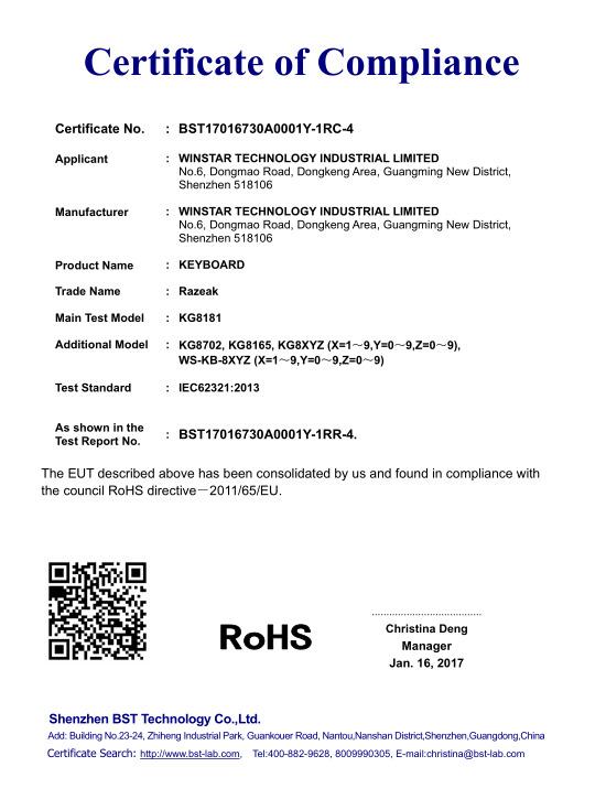 RoHS - Shenzhen Winstar Technology Industrial Limited