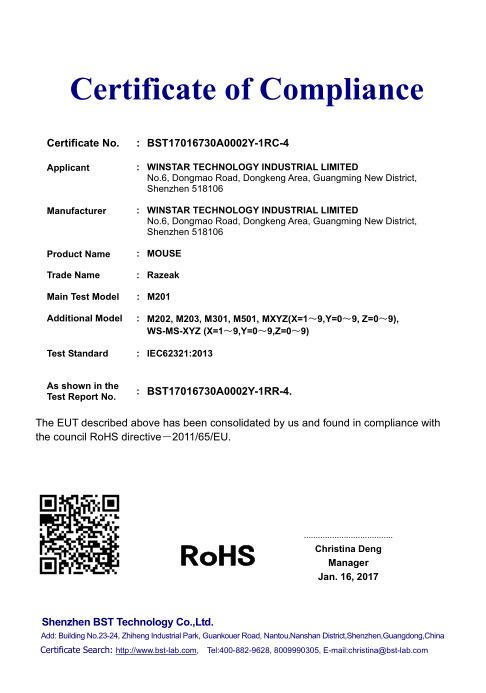 RoHS - Shenzhen Winstar Technology Industrial Limited