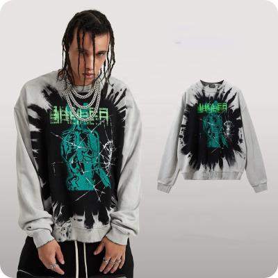 China High Quality Hip Hop Anti-Wrinkle Streetwear Tie Dye High Street Hoodie Men Tie Dye Hoodie Knit Pullover Tie Dye Loose Round Neck Sweater for sale