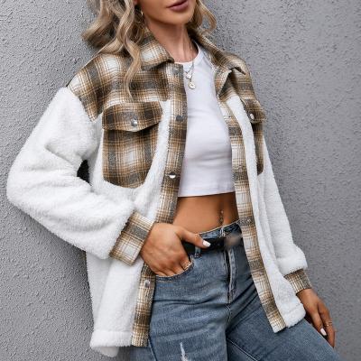 China 2022 Anti-Wrinkle Shacket Custom Thick Cashmere Long Sleeve Plaid Quilting Plush Shirt Plaid Jacket Coat Loose Casual Women for sale