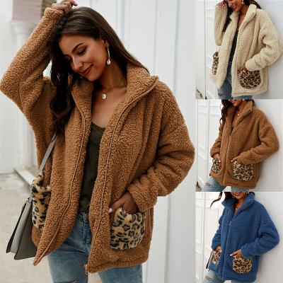 China Winter Women's Pocket Waterproof Oversized Wool Leopard Print Zipper Cardigan Factory Long Sleeve Jacket Coat Tracksuit for sale