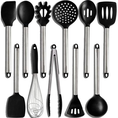 China Viable 11 Pieces Kitchen Silicone Nonstick Heat Resistant Cookware Set Cookware with Stainless Steel Handle Spatula Salad Tongs for sale