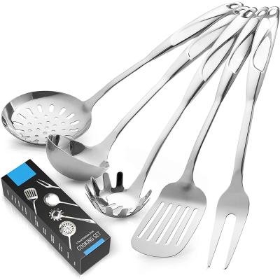 China Sustainable 5 Piece Stainless Steel Cookware Set For Kitchen Multi Purpose Spatula Spaghetti Server Draining Spoon Pocket Carving Fork for sale