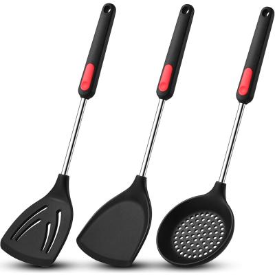 China OEM Sustainable Private Label Silicone Stainless Steel Spatula Kitchen Utensils Set Skimmer Slotted Spoon For Nonstick Cookware for sale