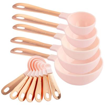 China 12 Viable Glass Cups And PC Custom Modern Plastic Rose Baking Measuring Spoons Set With Stainless Steel Handles Copper Coated LOGO for sale