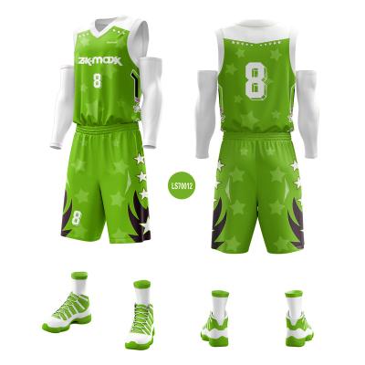 China Anti-wrinkle OEM green color basketball wear uniform kit sleeveless tank tops and shorts kits for sale for sale