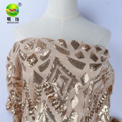 China Elastic Custom Gold Rope Sequin Embroidery Lace Fabric For Women Ethnic Wear for sale