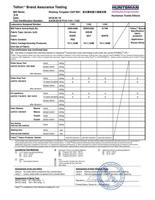 TeflonTM Brand Assurance Testing - NANJING SPORTEX GARMENTS CO., LTD