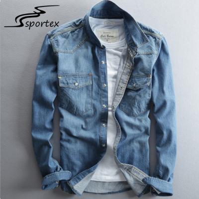 China OEM Mens Washed Denim Shirt Top Grade Cotton Materials Wrinkle Resistance for sale