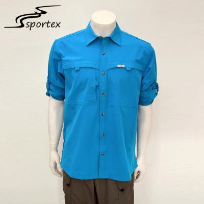 China Cotton Blue Mens Hiking Shirts , Long Sleeve Outdoor Shirts Plain Dyed for sale