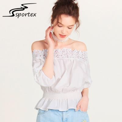 China White Lace Neck Design Women'S Off The Shoulder Blouses Polyester / Cotton Material for sale