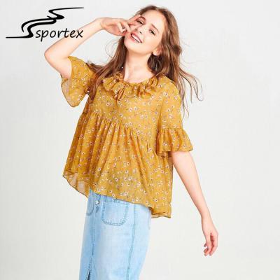 China Flower Printed Ladies Shirts And Blouses Light Weight Yellow Summer Blouse for sale