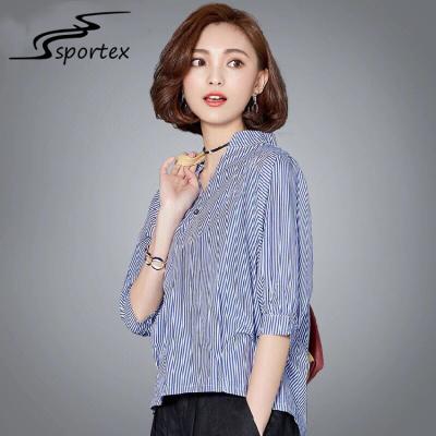 China Blue Stripe V Neck Lady Blouse , Womens Dressy Blouses Sweat Absorbent for sale