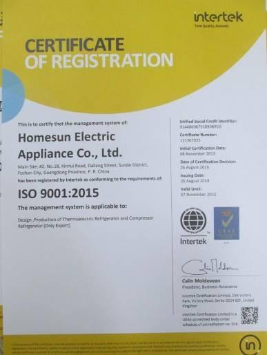 ISO9001 - Homesun Electric Appliance Co., Ltd.