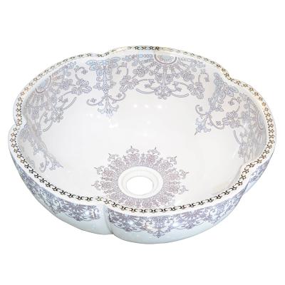 China Round Shape Flower Pattern Worktop Traditional White Ceramic Hand Wash Sink Basin for sale