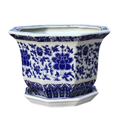 China Jingdezhen Hand Throwing/Blue Hand Painting and White Octagonal Antique Porcelain with Tray Planter Pot for sale