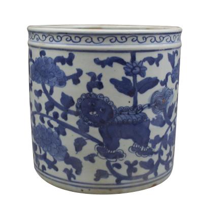 China Hand throwing Qing Dynasty Antique Blue and White Handmade Cylinder Ceramic Planter Pot for Decor for sale