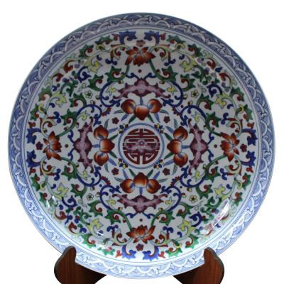 China Automotive Antique Qing Dynasty Hand Panted Blue and White Decorative Doucai Ceramic Dish Large with Stand for sale