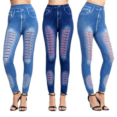 China Breathable ak e jeans printing F denim women's seamless fleece lined leggings with full length for sale