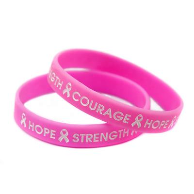 China TRENDY Pink Ribbon Hope Strength Silicone Bracelet Women Ribbon Bracelet for sale