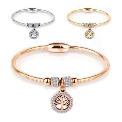 China Casual/Sporty Silver Gold Rose Gold Bangle Titanium Steel Ladies Magnetic Bracelet With Diamond Tree Of Life Pendant for sale