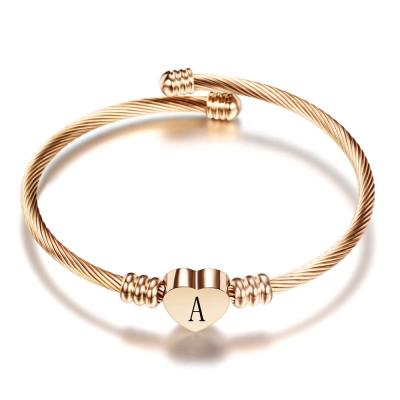 China Casual/Sporty Silver Gold Rose Gold 26 Letters Stainless Steel Engraved Lover Letter Heart Bracelet Dangle Ladies Bangle for sale