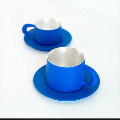 China Sustainable Customized Artistic Blue Klein Matt Gloss Ceramic Cups And Saucers Set for sale