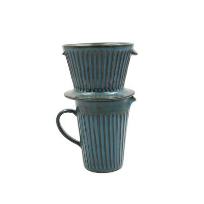 China Home Coffee Sable Herringbone Hand Pour Over Manual Drip Coffee Maker Set Ceramic Coffee Dripper With Handmade Cup Blue Stainable for sale