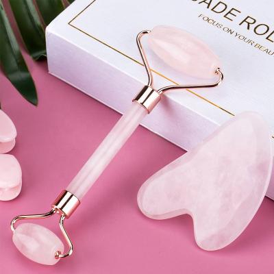 China Natural Pink Jade Roller Set Rose Quartz Beauty Skin Tool Face Lift High Quality Facial Massager for sale