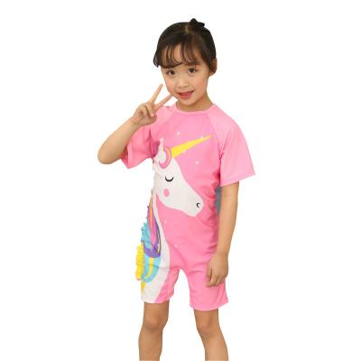 China 2021 Girls One Piece Swimsuit Children Swimwear Unicorn Pattern Breathable Back Wholesale Zipper Sleeve Shorts Surf Suit for sale